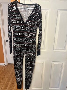 PINK Victoria's Secret Black Fair Isle Reindeer One-Piece Pajama